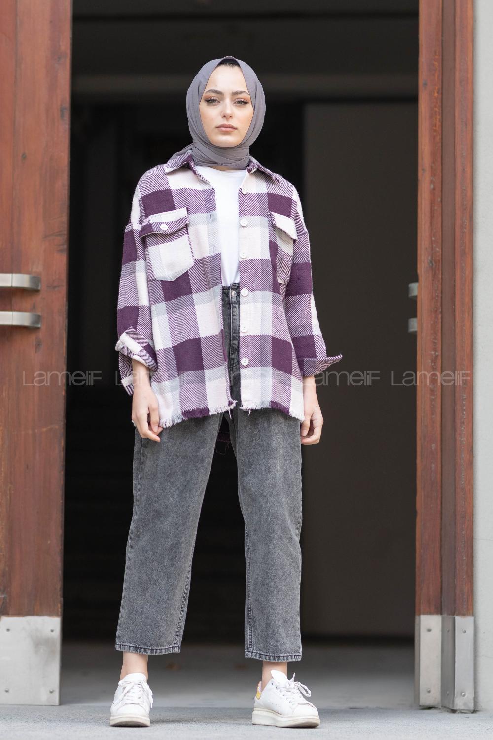 Modalamelif Etek Ucu Püsküllü Ekose Gömlek Mor