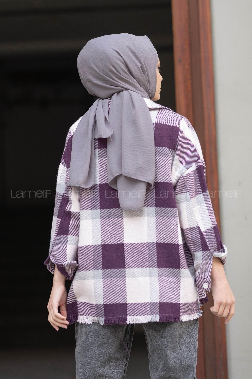 Modalamelif Etek Ucu Püsküllü Ekose Gömlek Mor