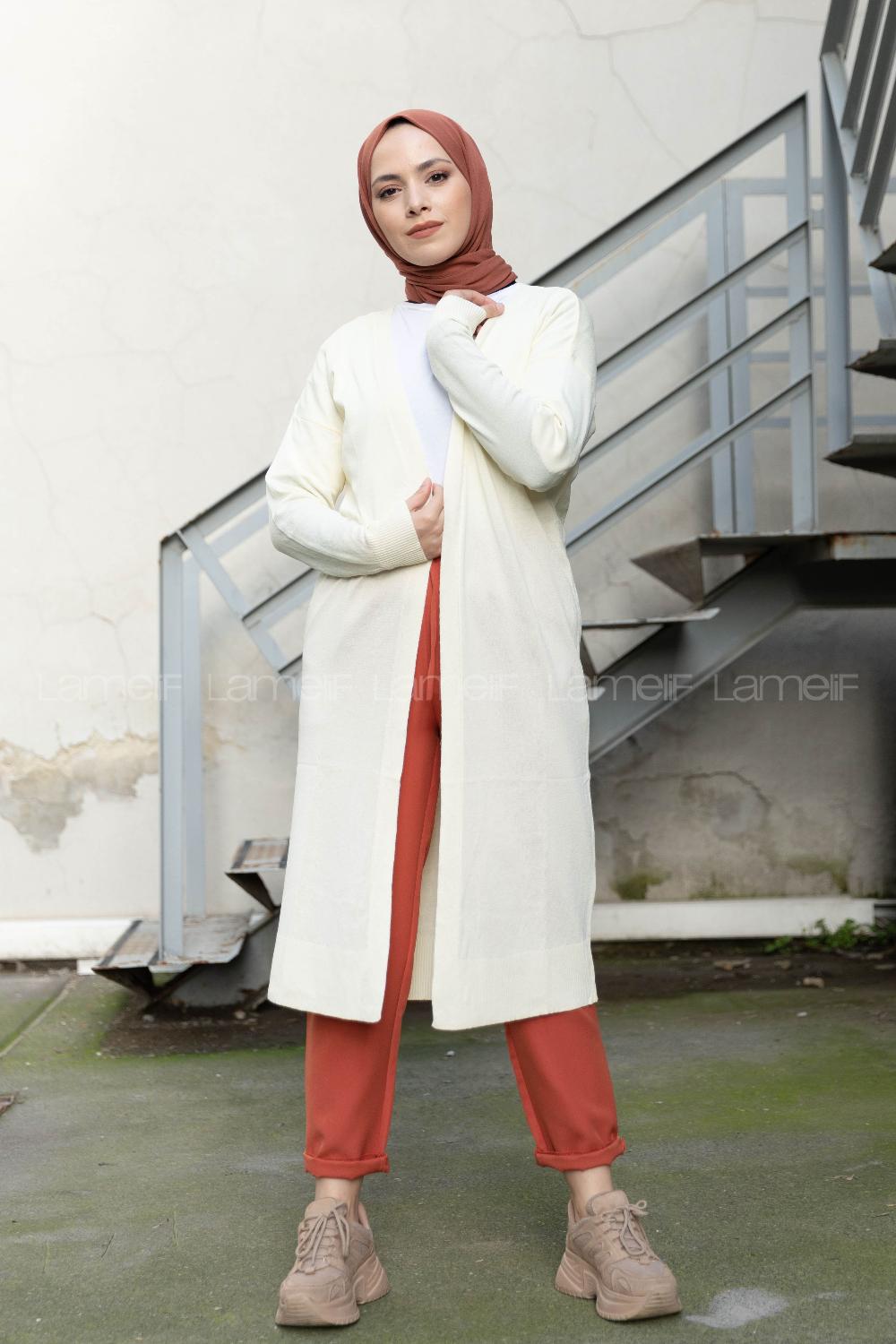 Modalamelif İnce Fitilli Triko Hırka Ekru