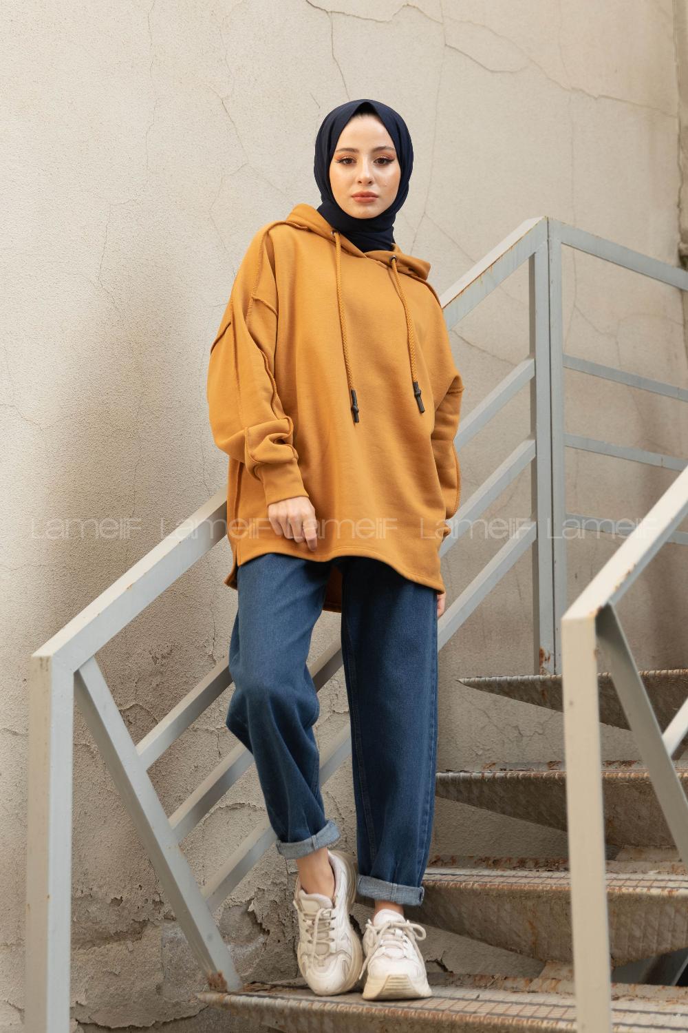 Modalamelif Kapşonlu Dikiş Detaylı Sweat Hardal Sarısı