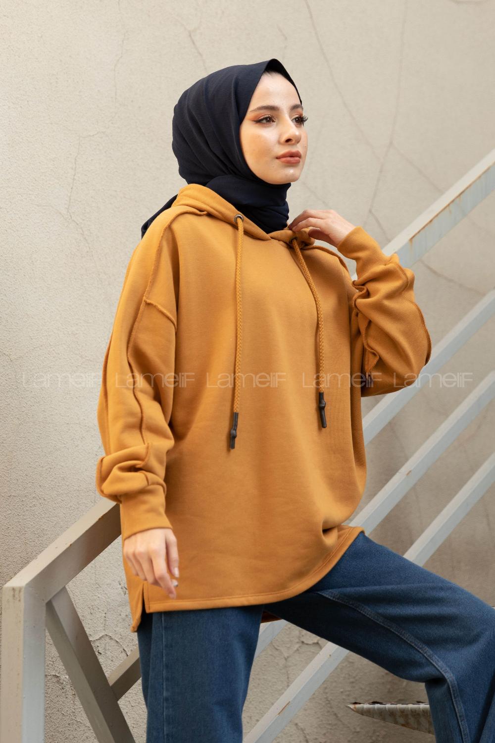 Modalamelif Kapşonlu Dikiş Detaylı Sweat Hardal Sarısı