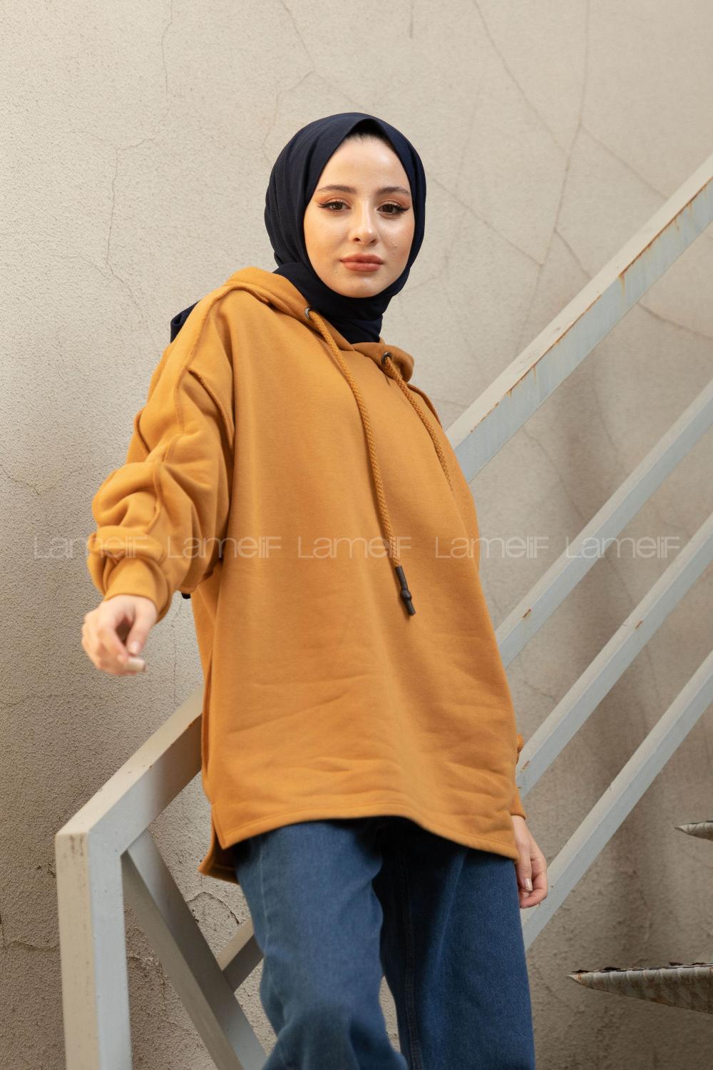 Modalamelif Kapşonlu Dikiş Detaylı Sweat Hardal Sarısı
