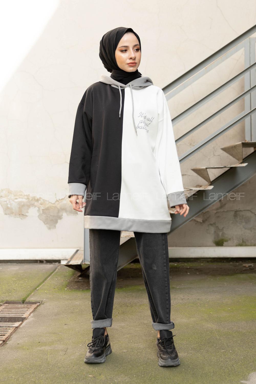 Modalamelif Kapşonlu Garnili Scuba Sweatshirt Siyah