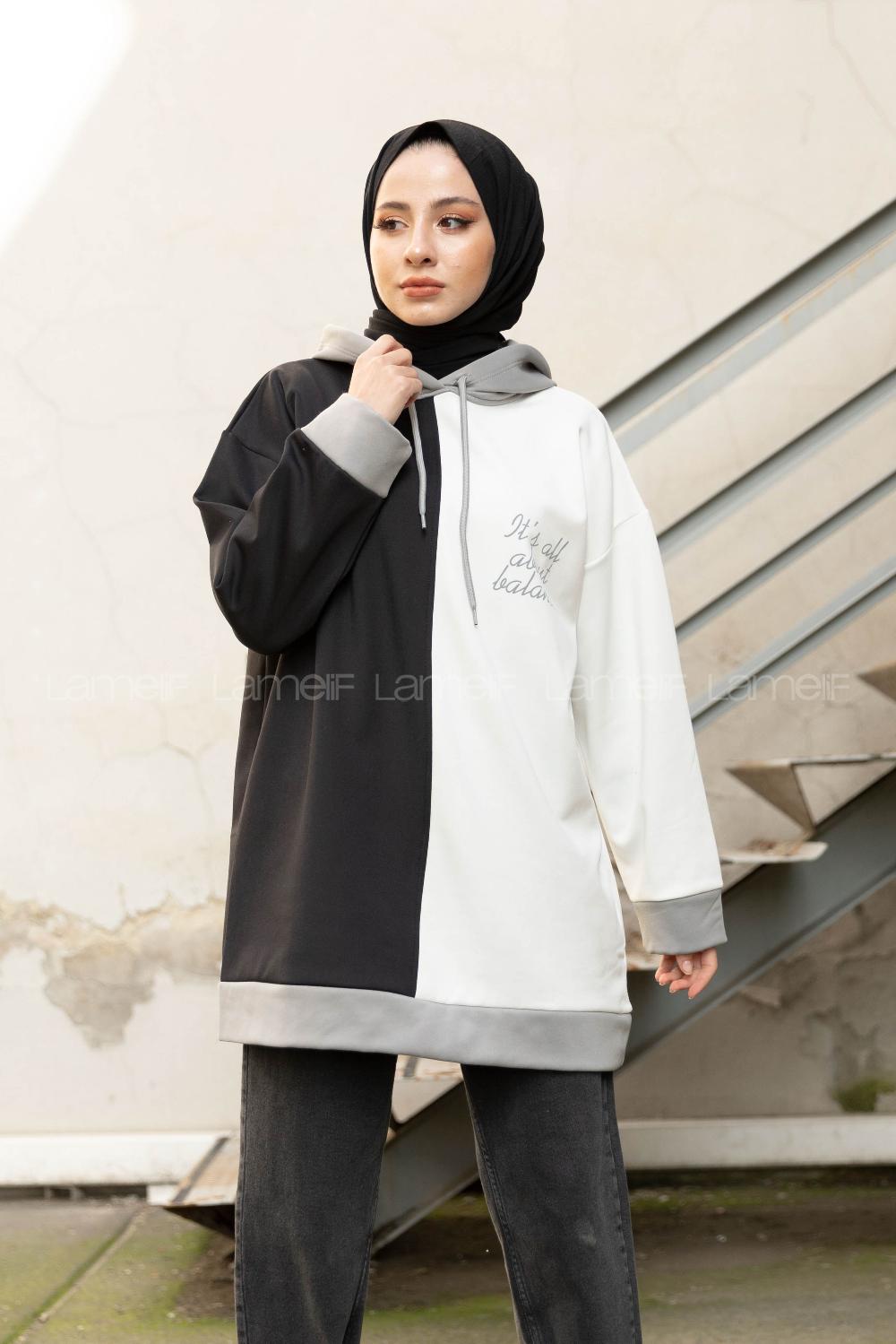 Modalamelif Kapşonlu Garnili Scuba Sweatshirt Siyah