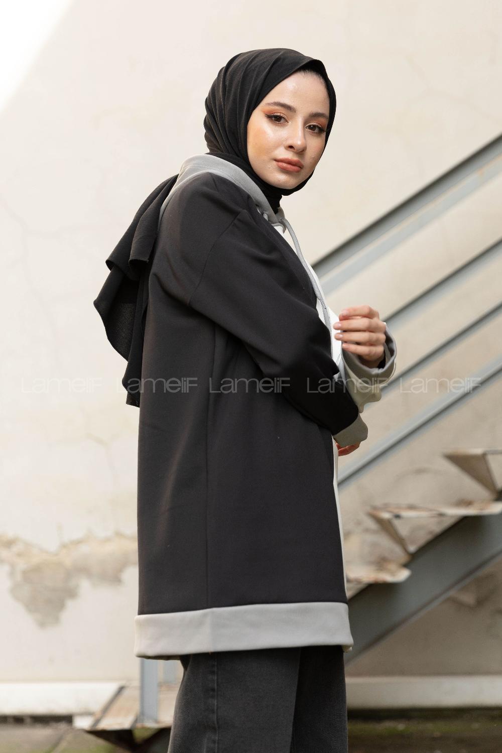 Modalamelif Kapşonlu Garnili Scuba Sweatshirt Siyah