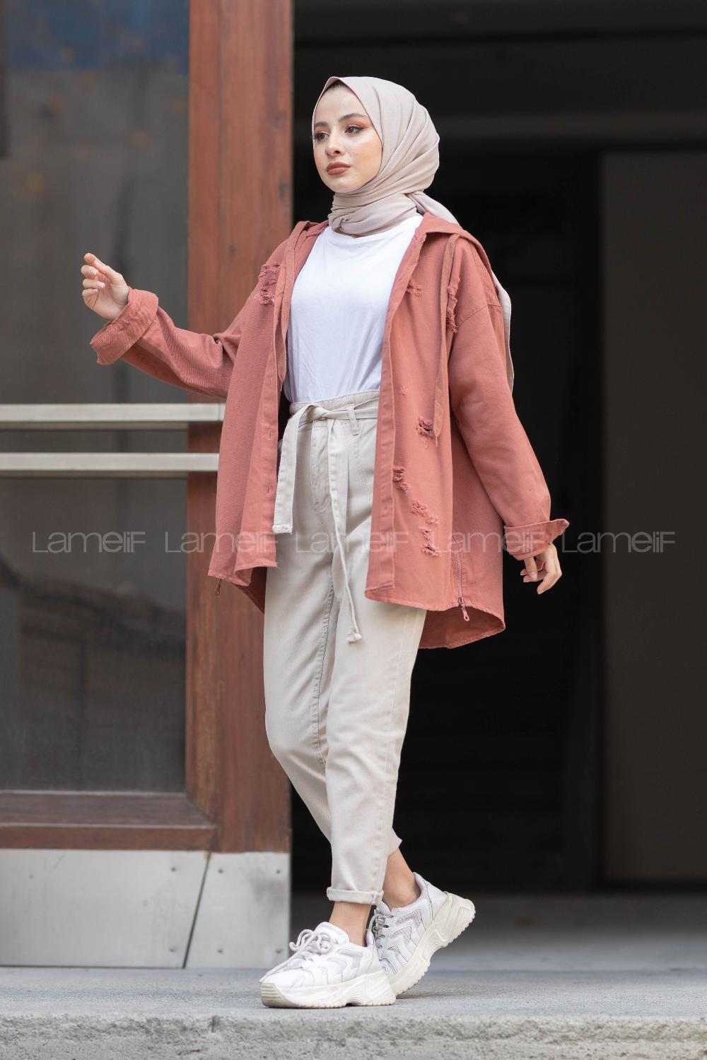 Modalamelif Kapşonlu Lazerli Kot Ceket Gül