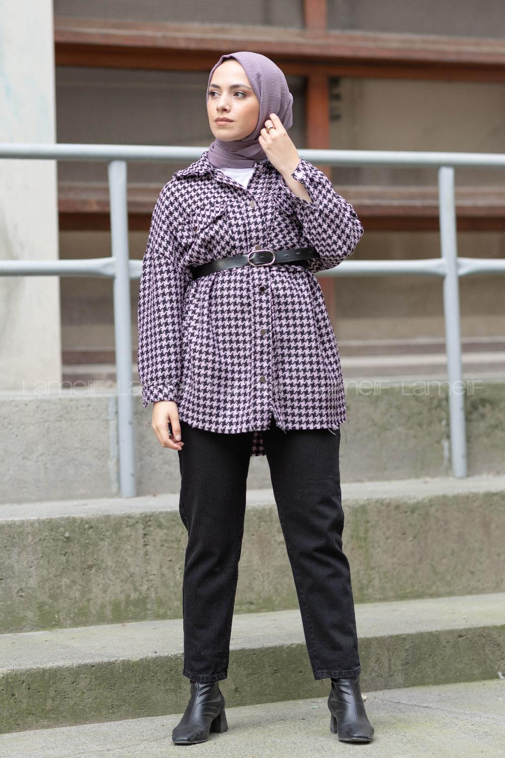 Modalamelif Kazayağı Desen Kemerli Gömlek Lila