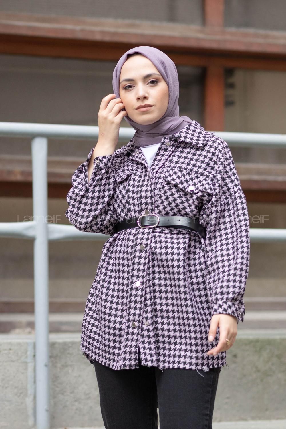 Modalamelif Kazayağı Desen Kemerli Gömlek Lila