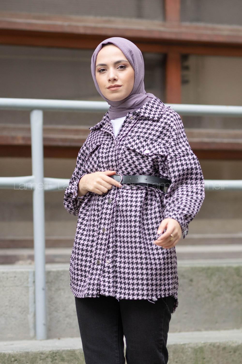 Modalamelif Kazayağı Desen Kemerli Gömlek Lila