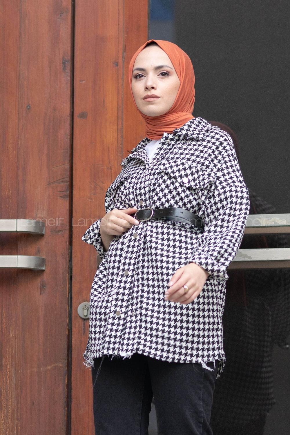 Modalamelif Kazayağı Desen Kemerli Gömlek Siyah Beyaz