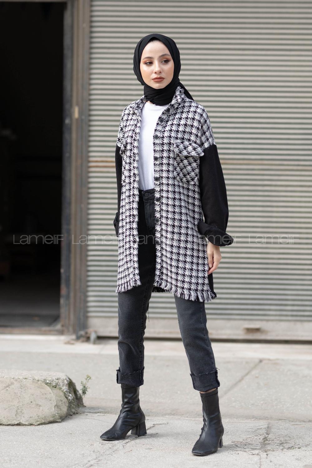 Modalamelif Kazayağı Desen Kol Kot Garnili Ceket Siyah