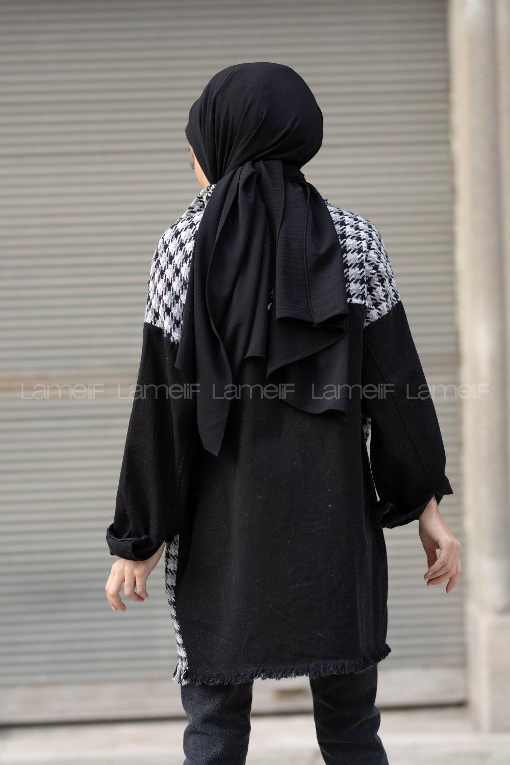 Modalamelif Kazayağı Desen Kol Kot Garnili Ceket Siyah