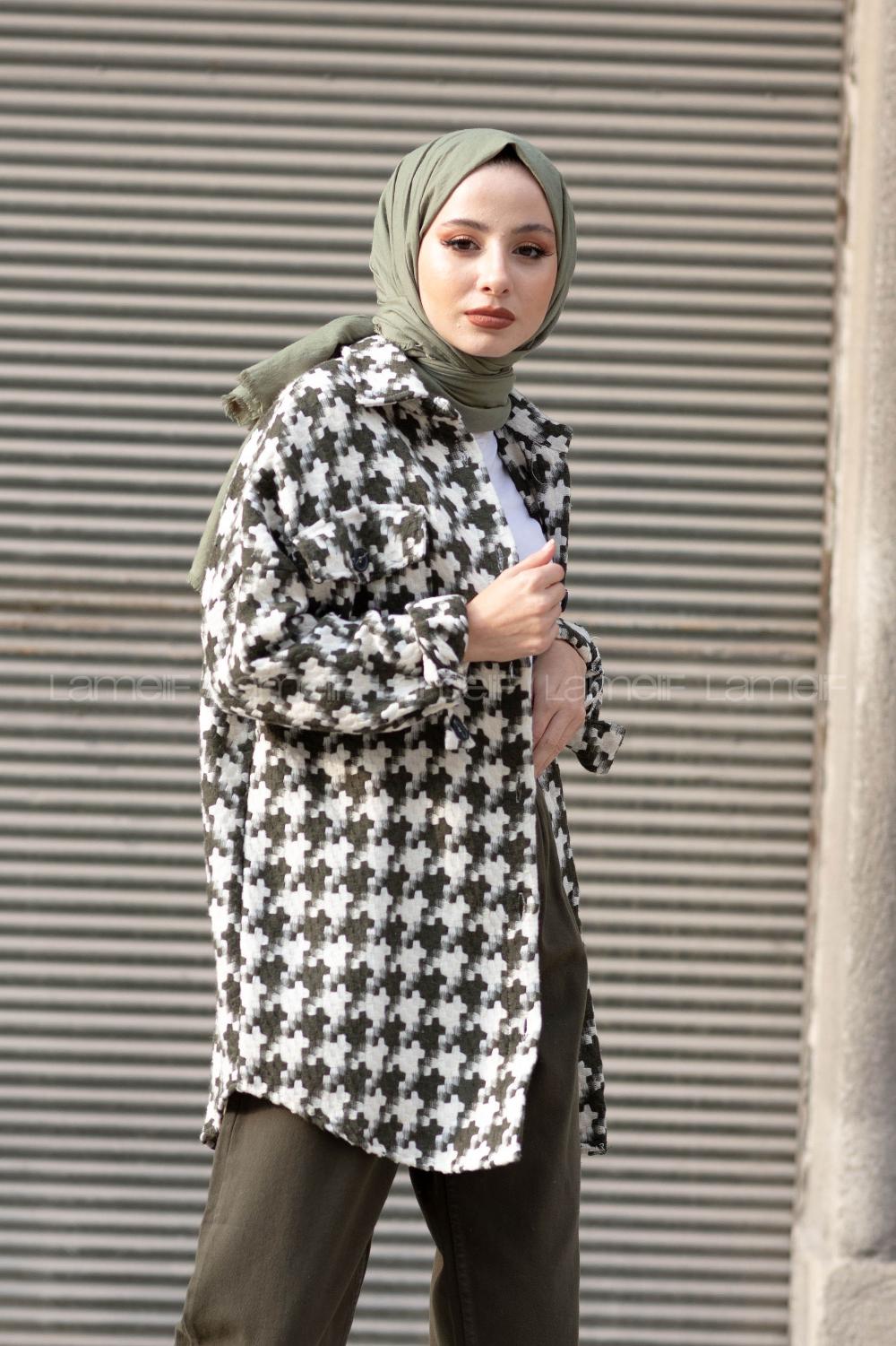 Modalamelif Kazayağı Desen Oversize Gömlek Haki