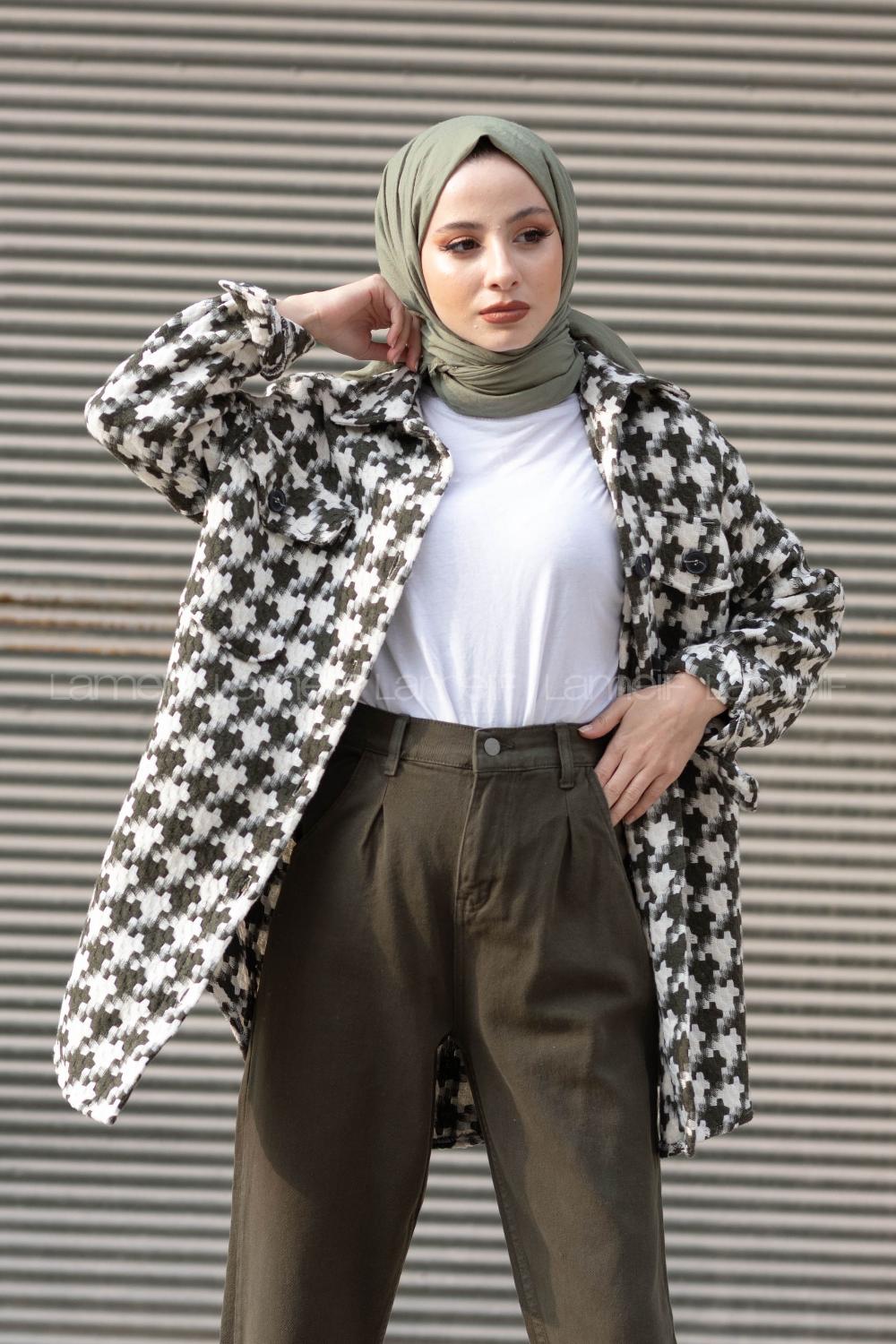 Modalamelif Kazayağı Desen Oversize Gömlek Haki