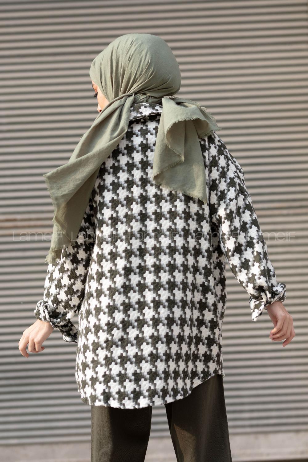 Modalamelif Kazayağı Desen Oversize Gömlek Haki