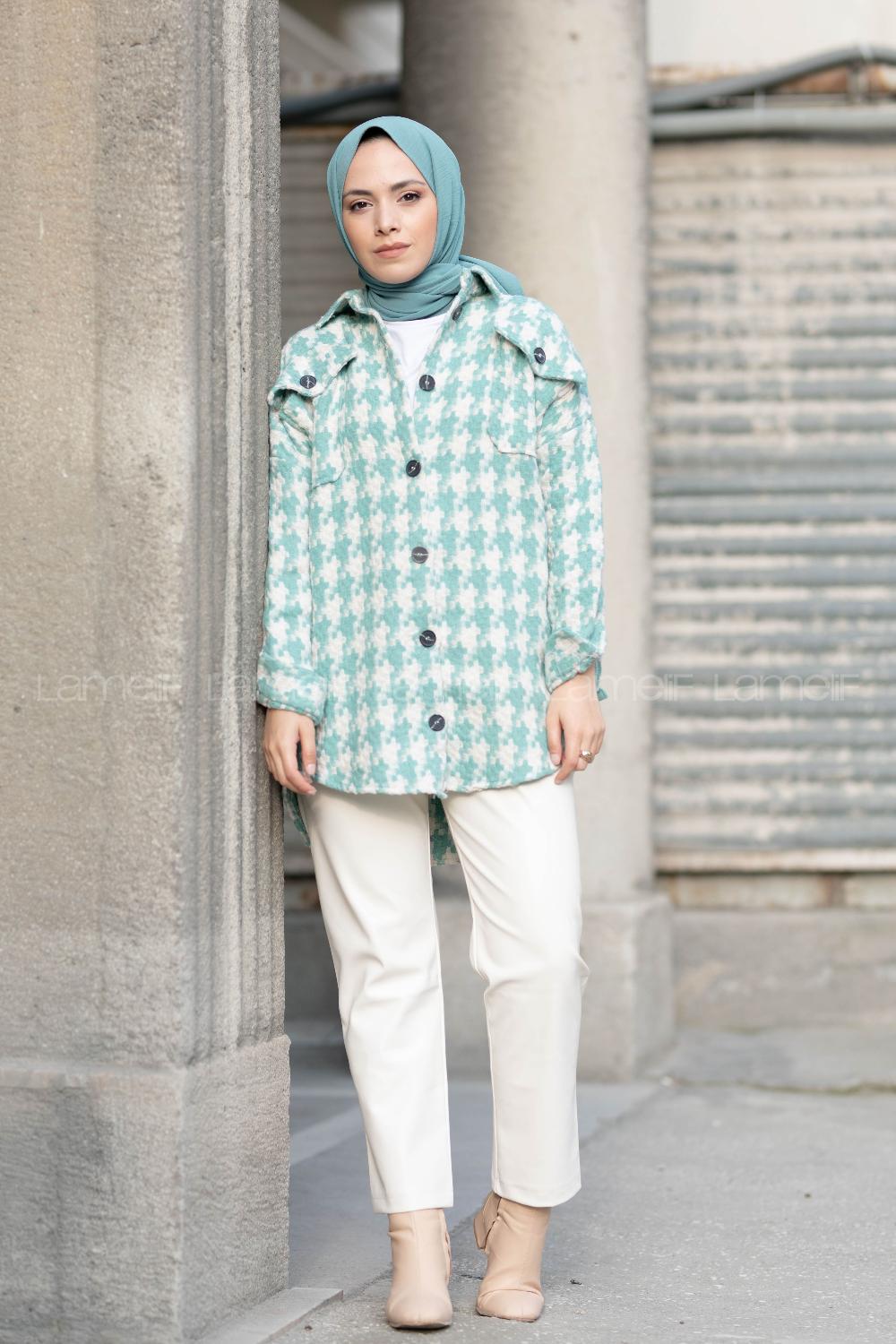 Modalamelif Kazayağı Desen Oversize Gömlek Mint