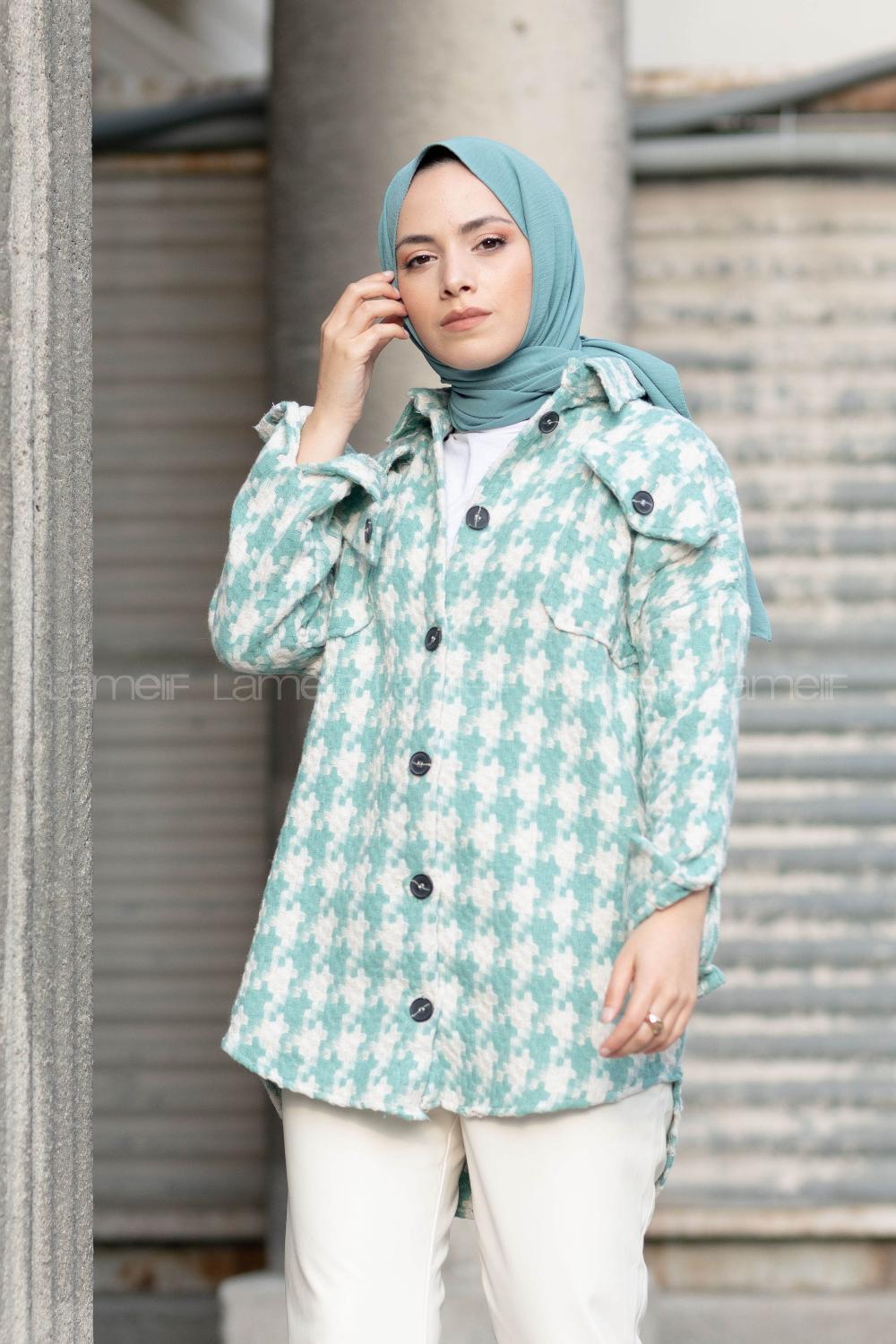 Modalamelif Kazayağı Desen Oversize Gömlek Mint