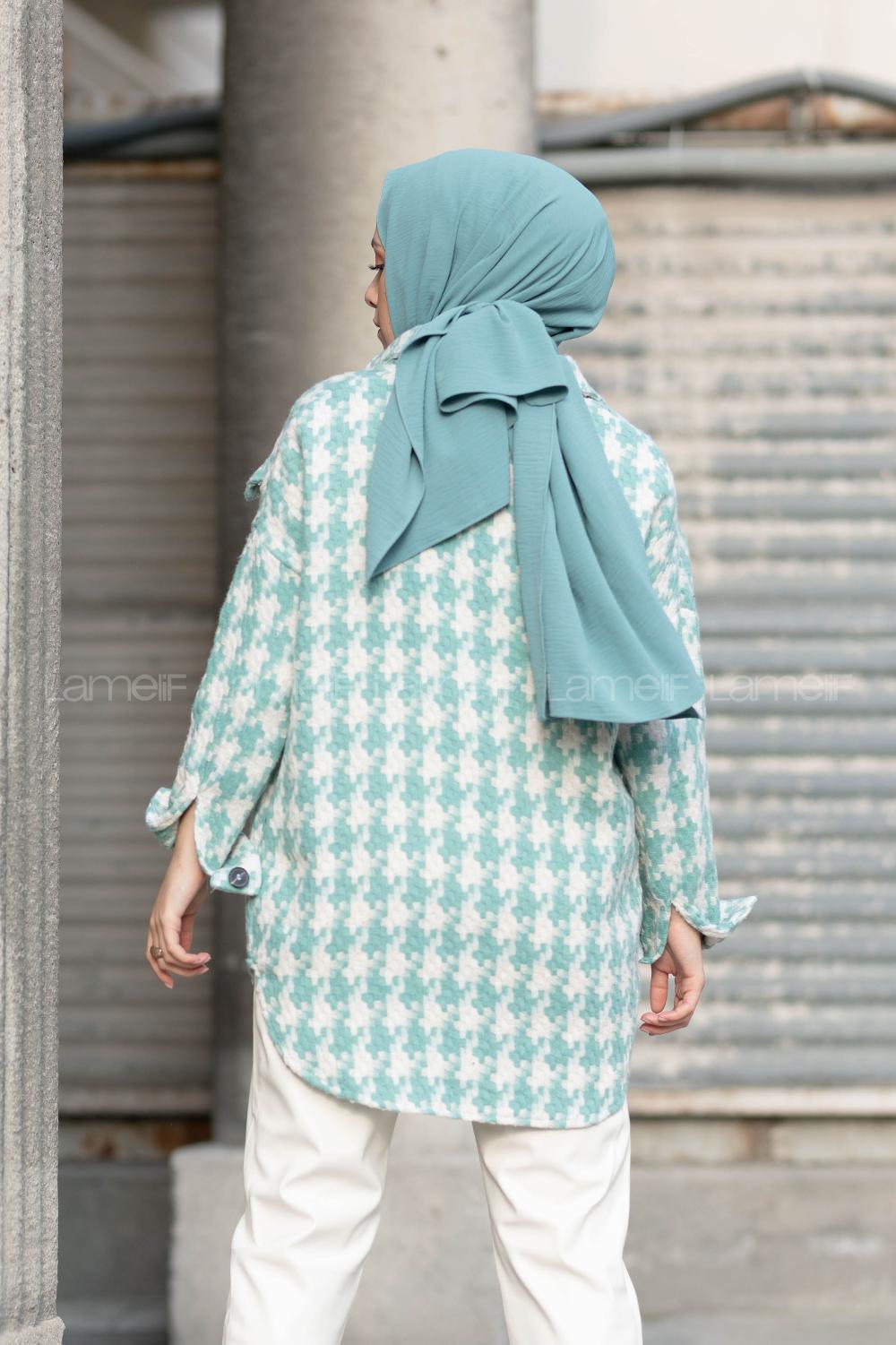 Modalamelif Kazayağı Desen Oversize Gömlek Mint