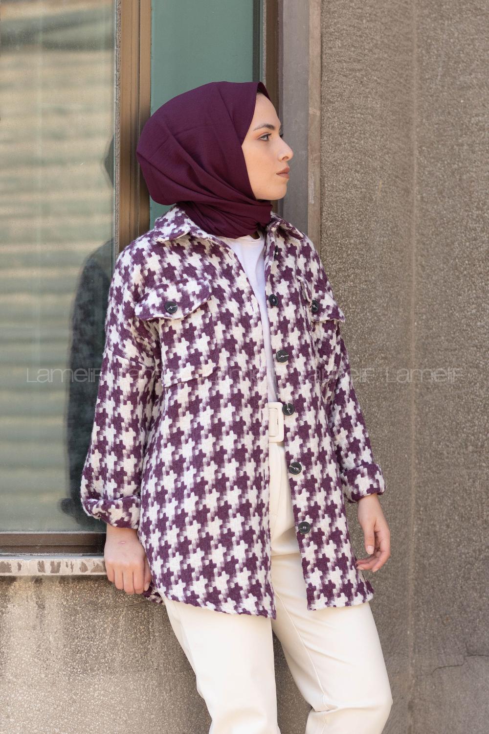 Modalamelif Kazayağı Desen Oversize Gömlek Mor