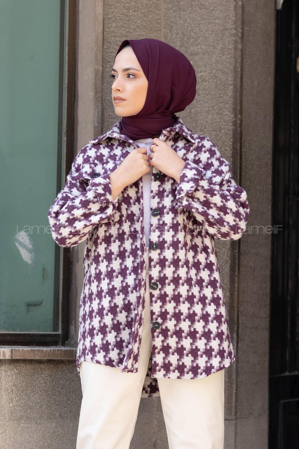 Modalamelif Kazayağı Desen Oversize Gömlek Mor