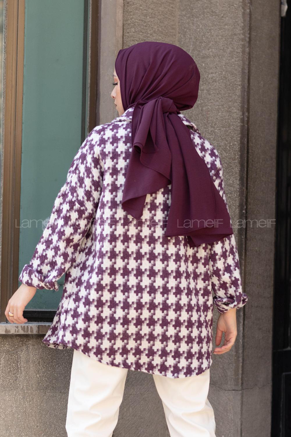 Modalamelif Kazayağı Desen Oversize Gömlek Mor