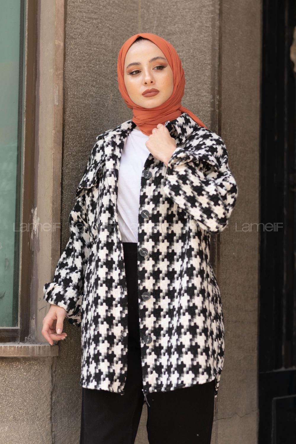 Modalamelif Kazayağı Desen Oversize Gömlek Siyah