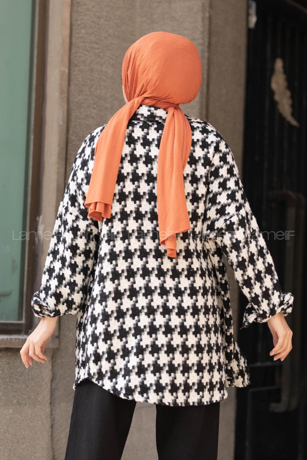 Modalamelif Kazayağı Desen Oversize Gömlek Siyah