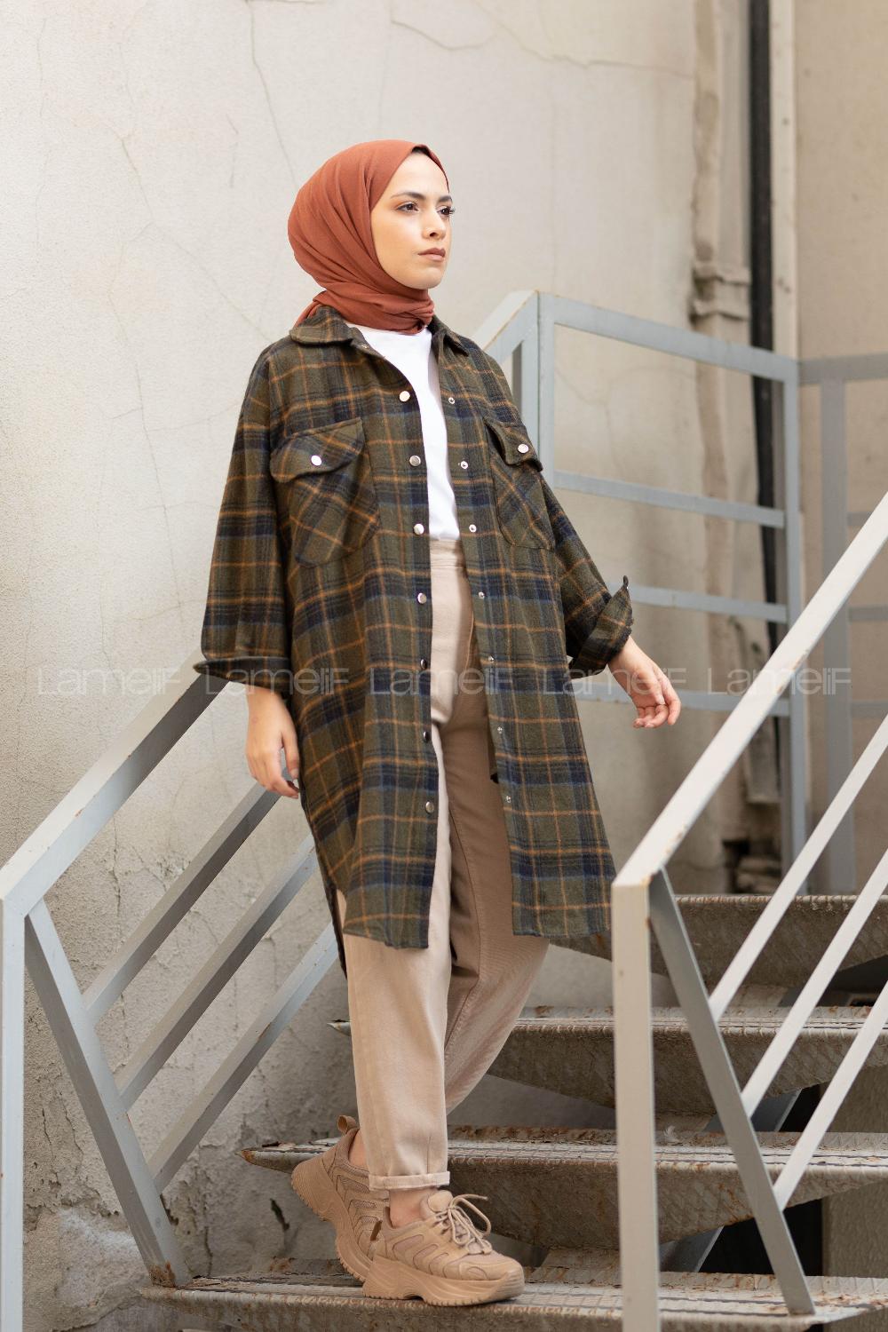 Modalamelif Kemerli Ekose Desen Uzun Gömlek Haki