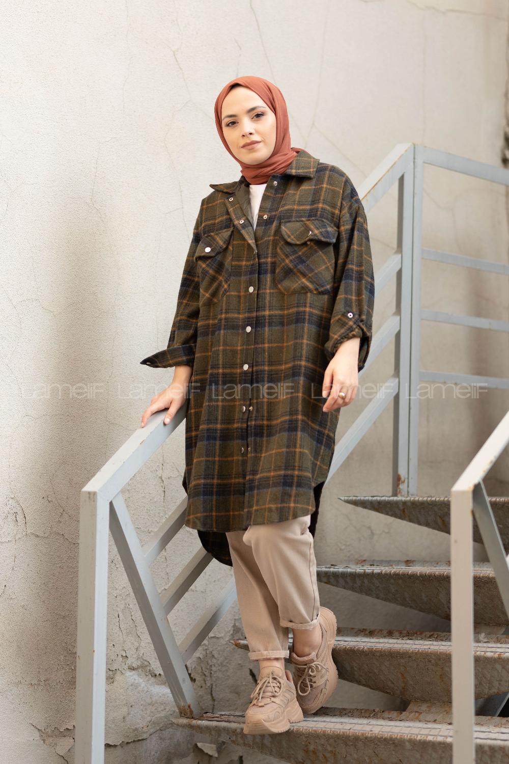 Modalamelif Kemerli Ekose Desen Uzun Gömlek Haki