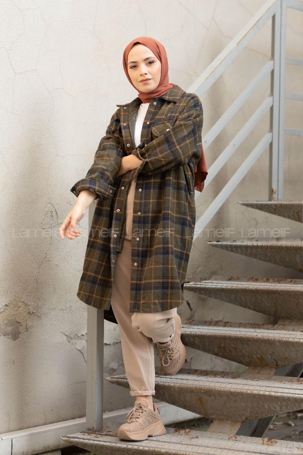 Modalamelif Kemerli Ekose Desen Uzun Gömlek Haki