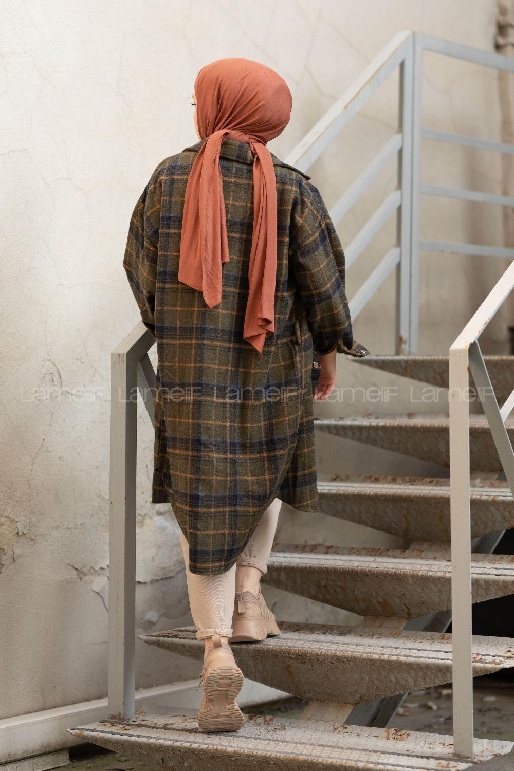 Modalamelif Kemerli Ekose Desen Uzun Gömlek Haki