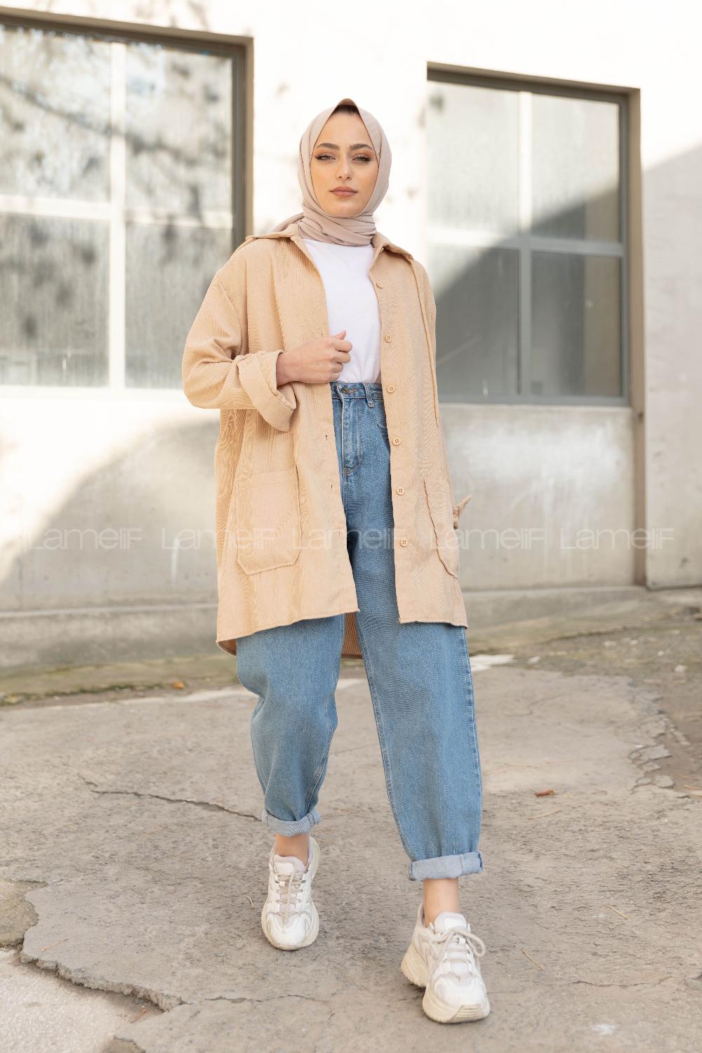 Modalamelif Körük Cep Kadife Gömlek Bej