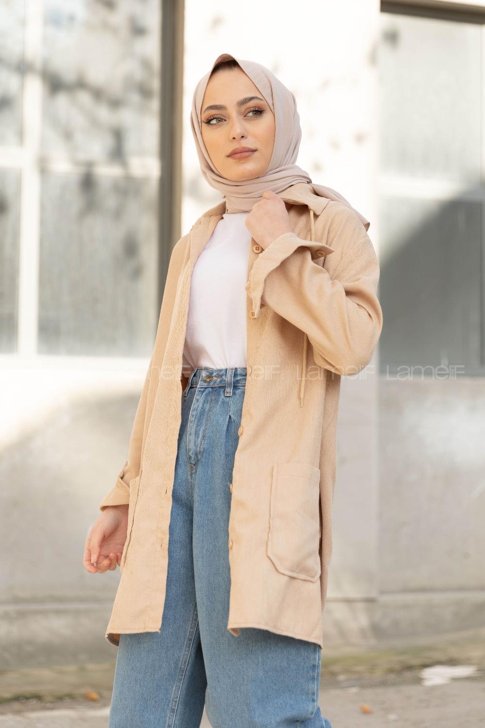 Modalamelif Körük Cep Kadife Gömlek Bej