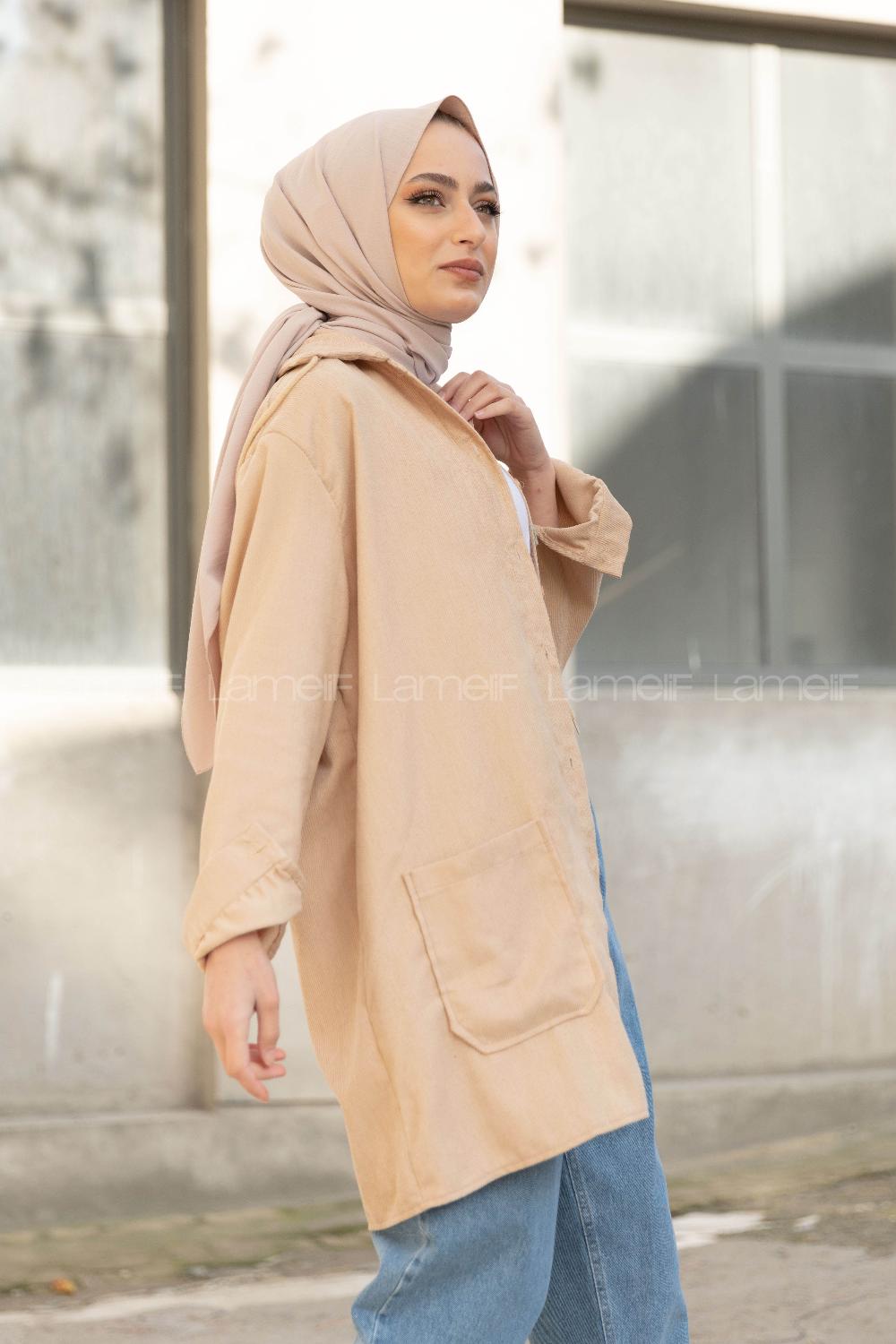 Modalamelif Körük Cep Kadife Gömlek Bej