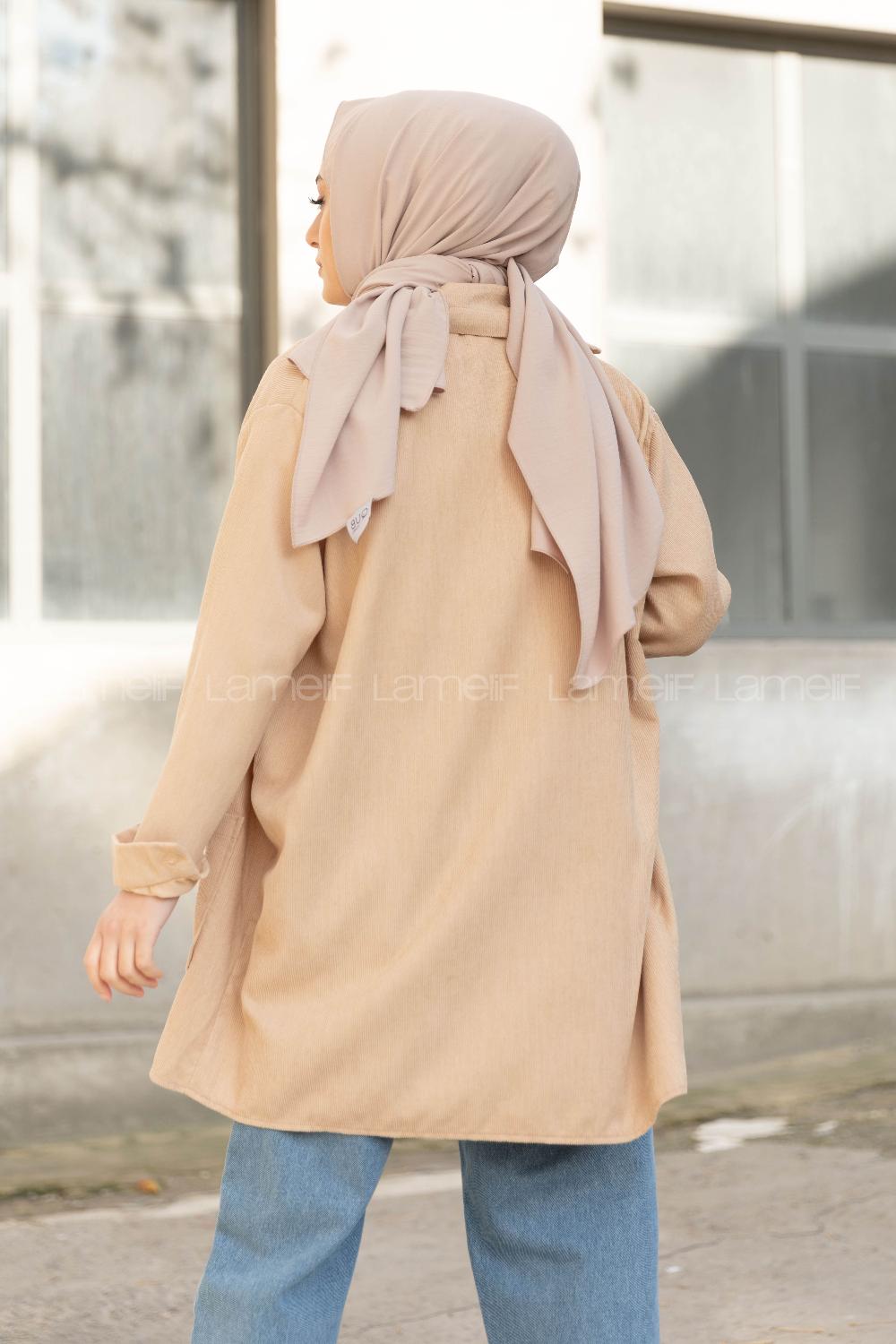 Modalamelif Körük Cep Kadife Gömlek Bej