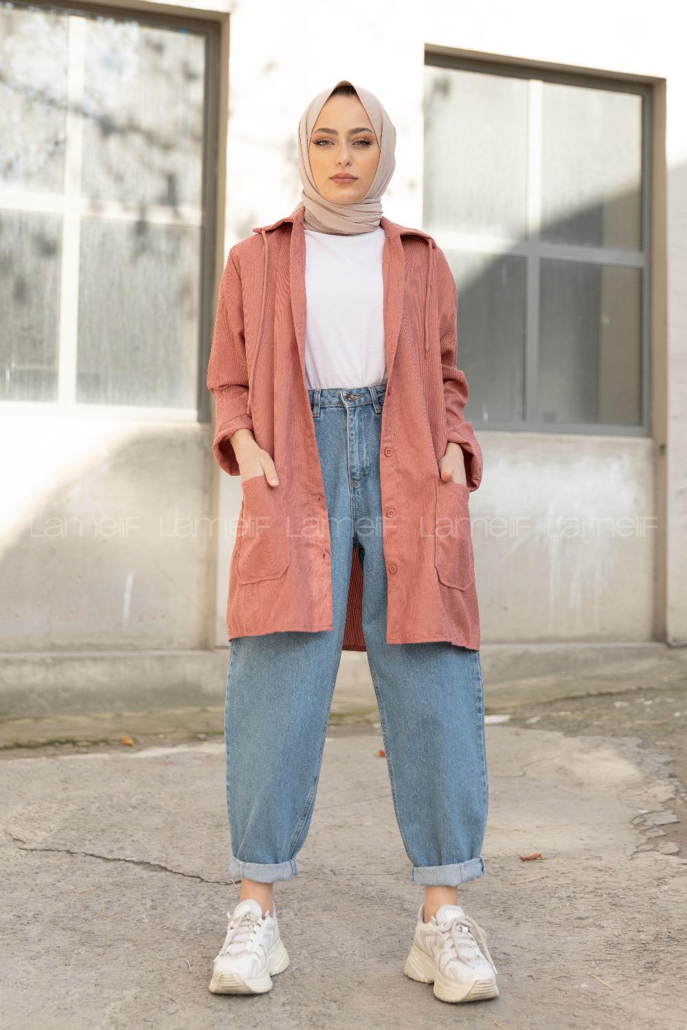 Modalamelif Körük Cep Kadife Gömlek Gül