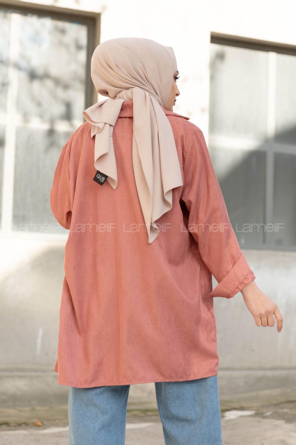 Modalamelif Körük Cep Kadife Gömlek Gül