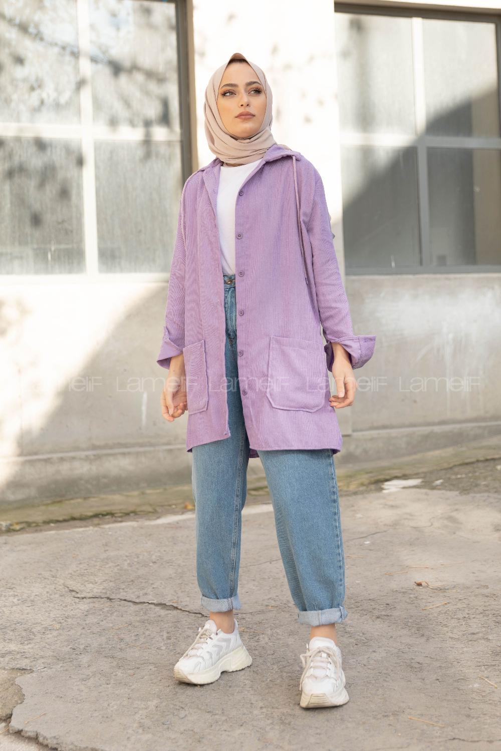 Modalamelif Körük Cep Kadife Gömlek Lila