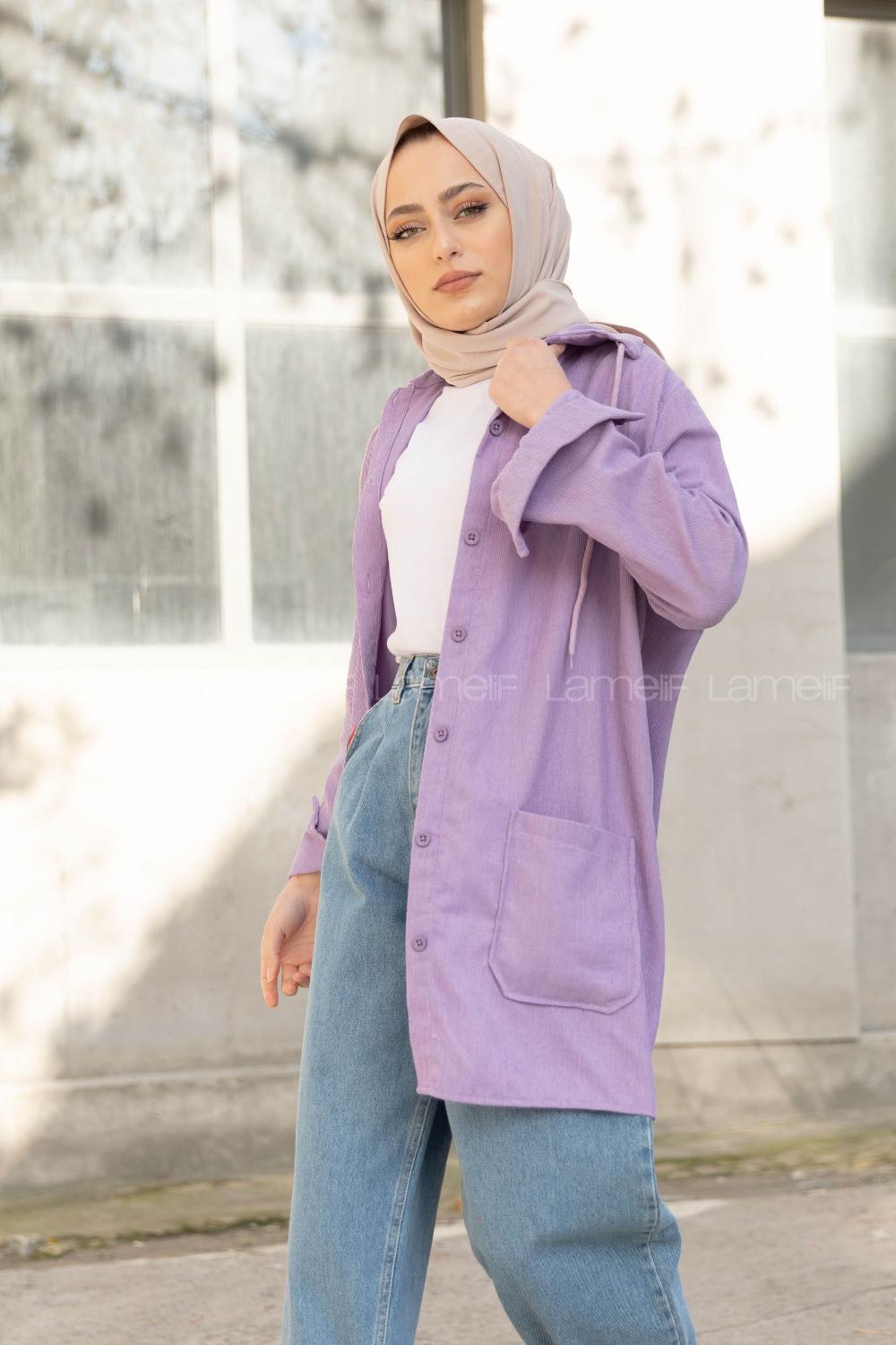 Modalamelif Körük Cep Kadife Gömlek Lila