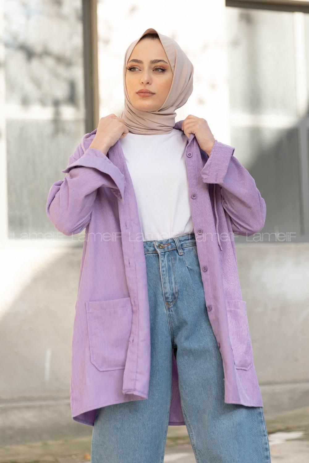 Modalamelif Körük Cep Kadife Gömlek Lila