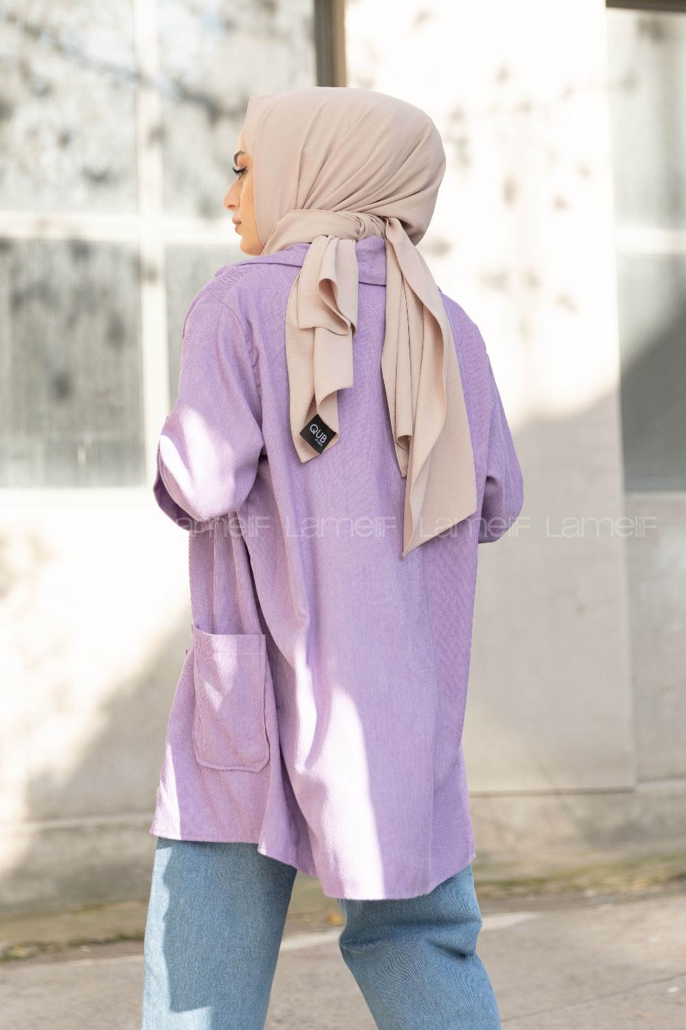 Modalamelif Körük Cep Kadife Gömlek Lila