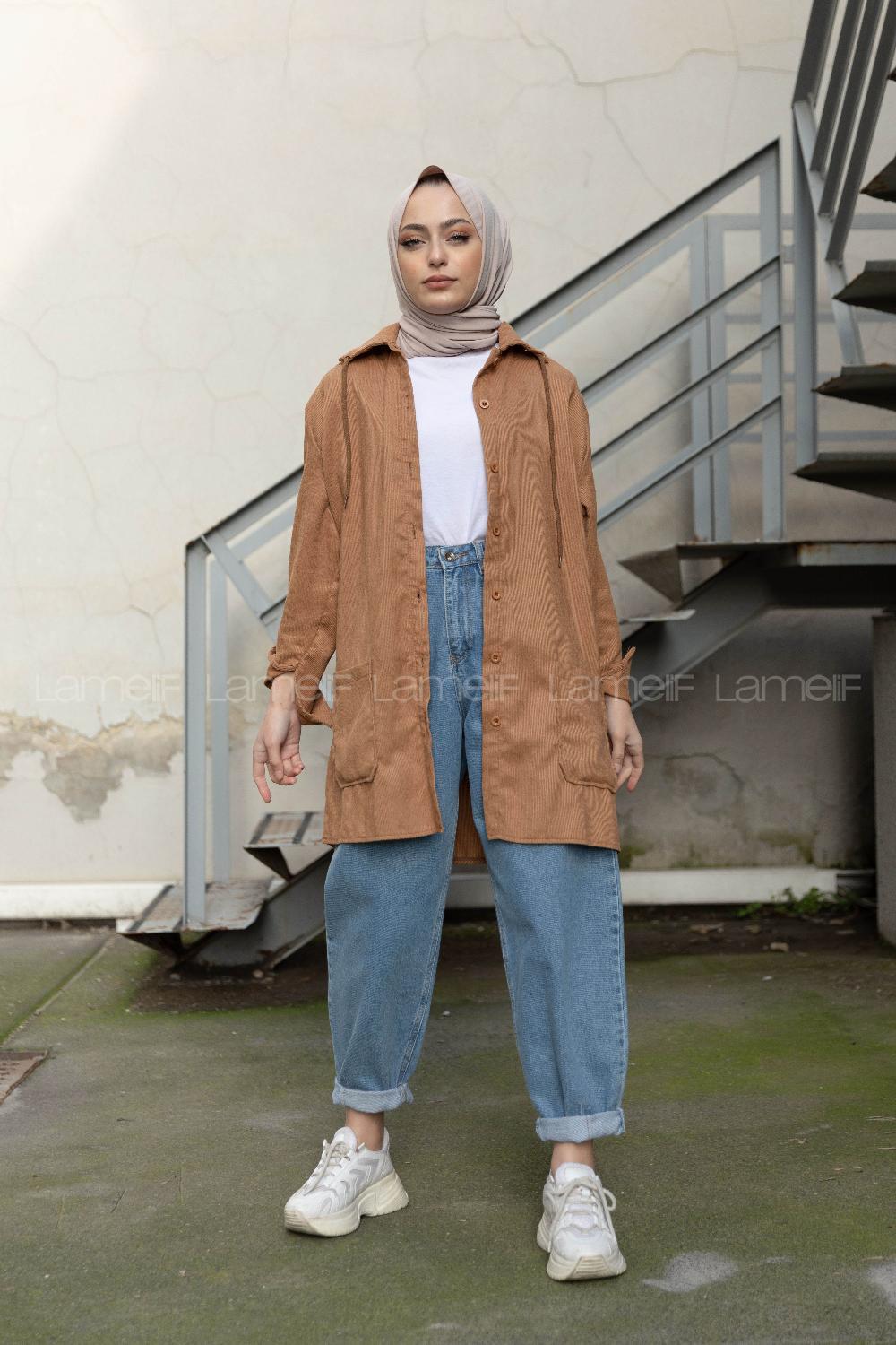 Modalamelif Körük Cep Kadife Gömlek Sütlü Kahve