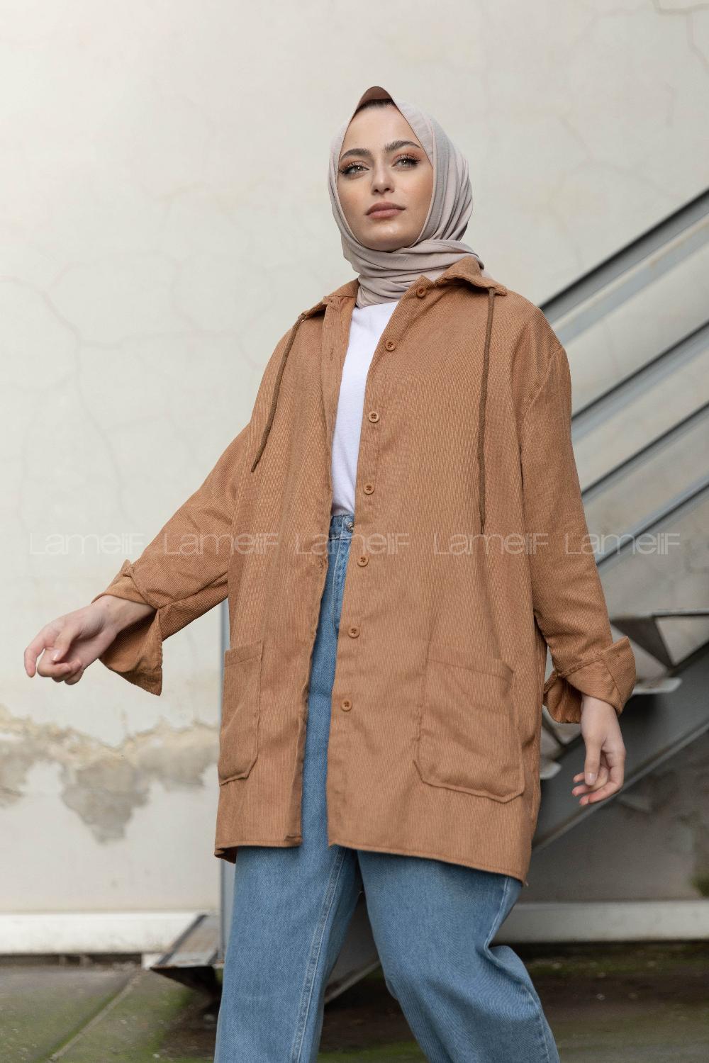 Modalamelif Körük Cep Kadife Gömlek Sütlü Kahve