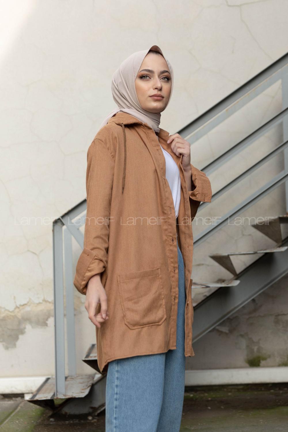 Modalamelif Körük Cep Kadife Gömlek Sütlü Kahve