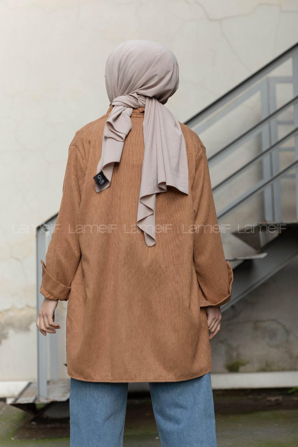 Modalamelif Körük Cep Kadife Gömlek Sütlü Kahve