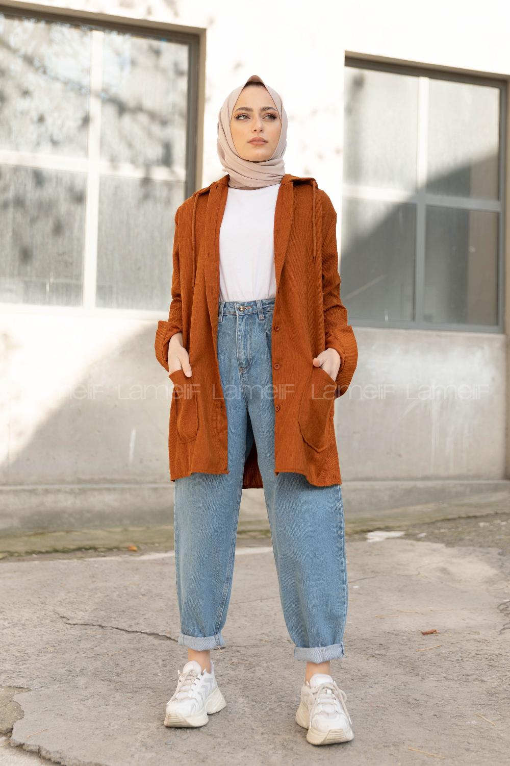 Modalamelif Körük Cep Kadife Gömlek Taba