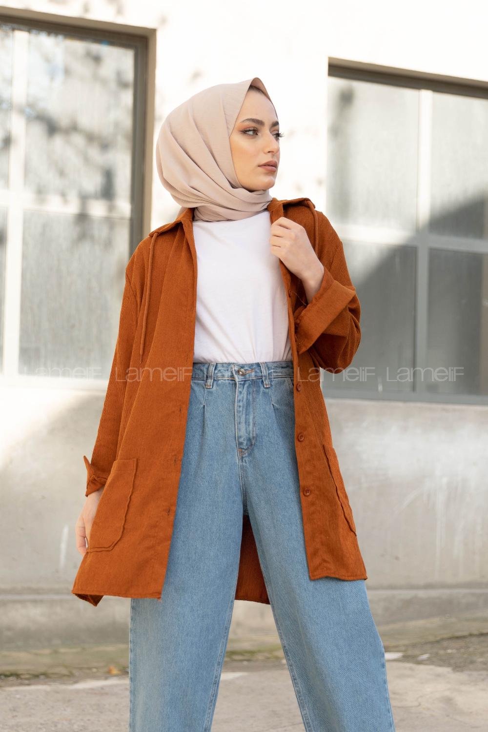 Modalamelif Körük Cep Kadife Gömlek Taba