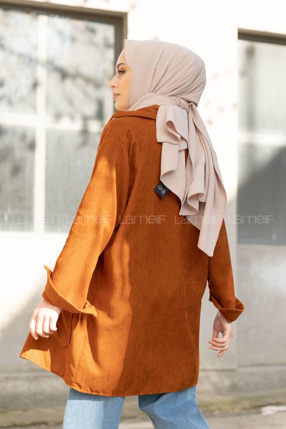 Modalamelif Körük Cep Kadife Gömlek Taba