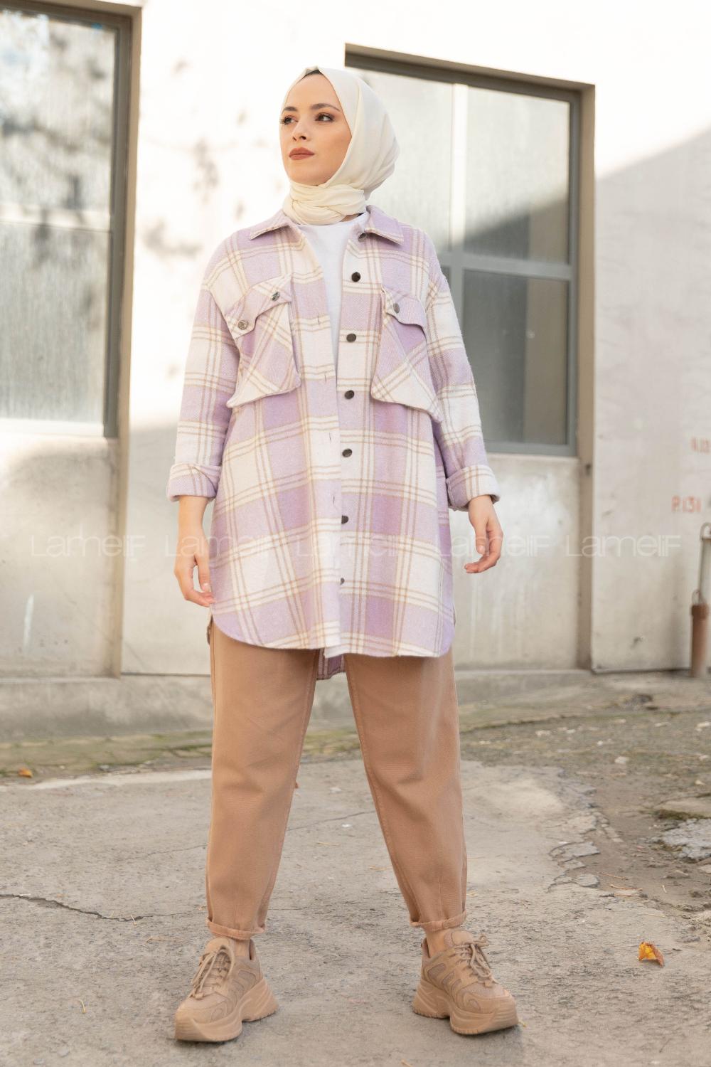 Modalamelif Körük Cepli Metal Düğme Ekose Gömlek Lila