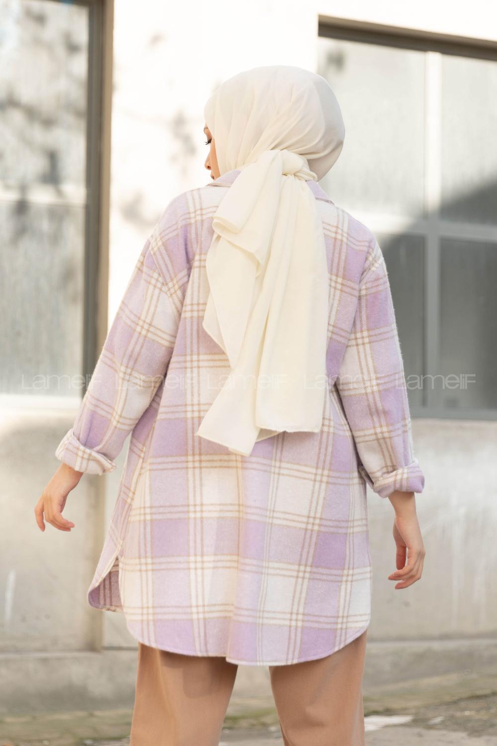 Modalamelif Körük Cepli Metal Düğme Ekose Gömlek Lila